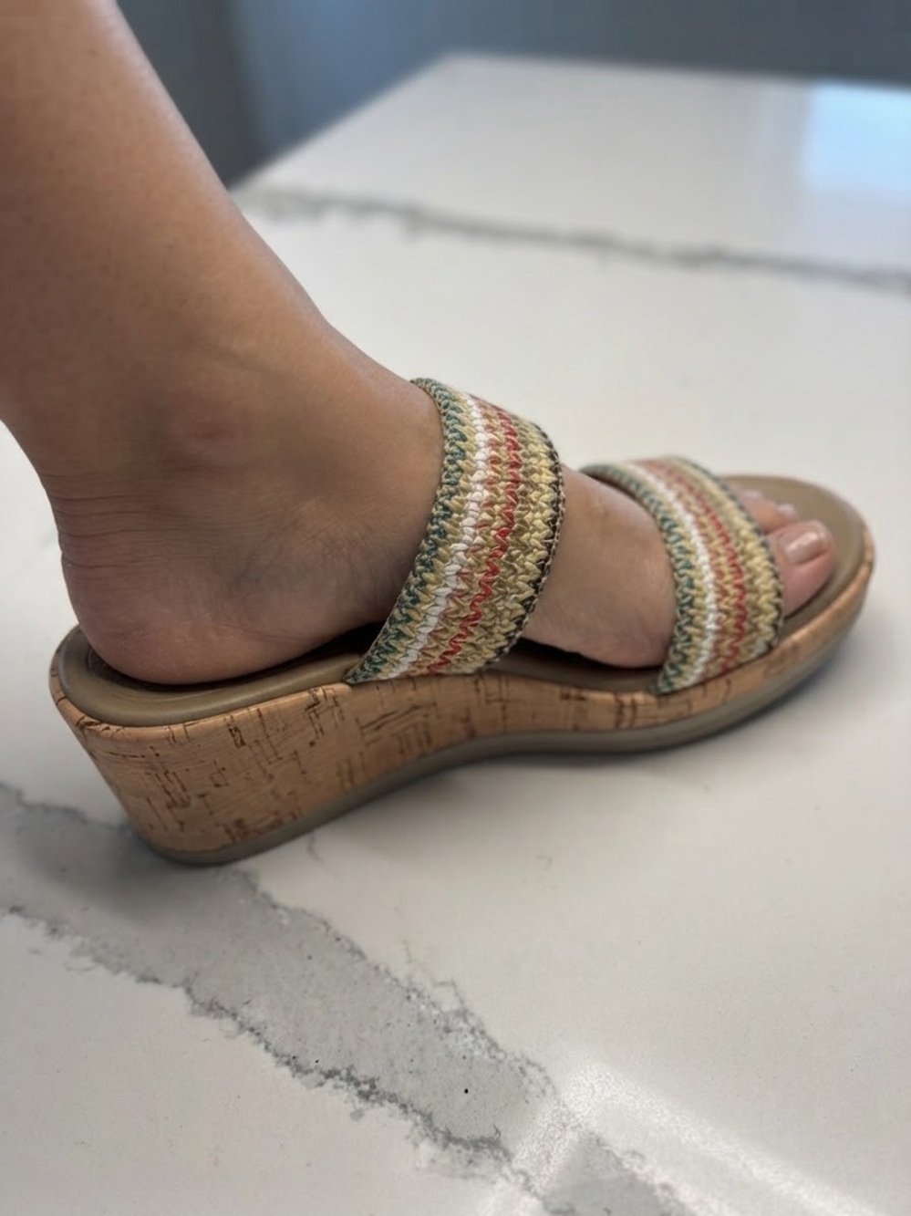 Life Stride Braided Neutral Multi-Color Cork Wedge Slide